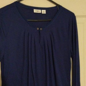***SOLD***CATO Med blue long sleeve blouse with pleats and 2 rhinestones closers